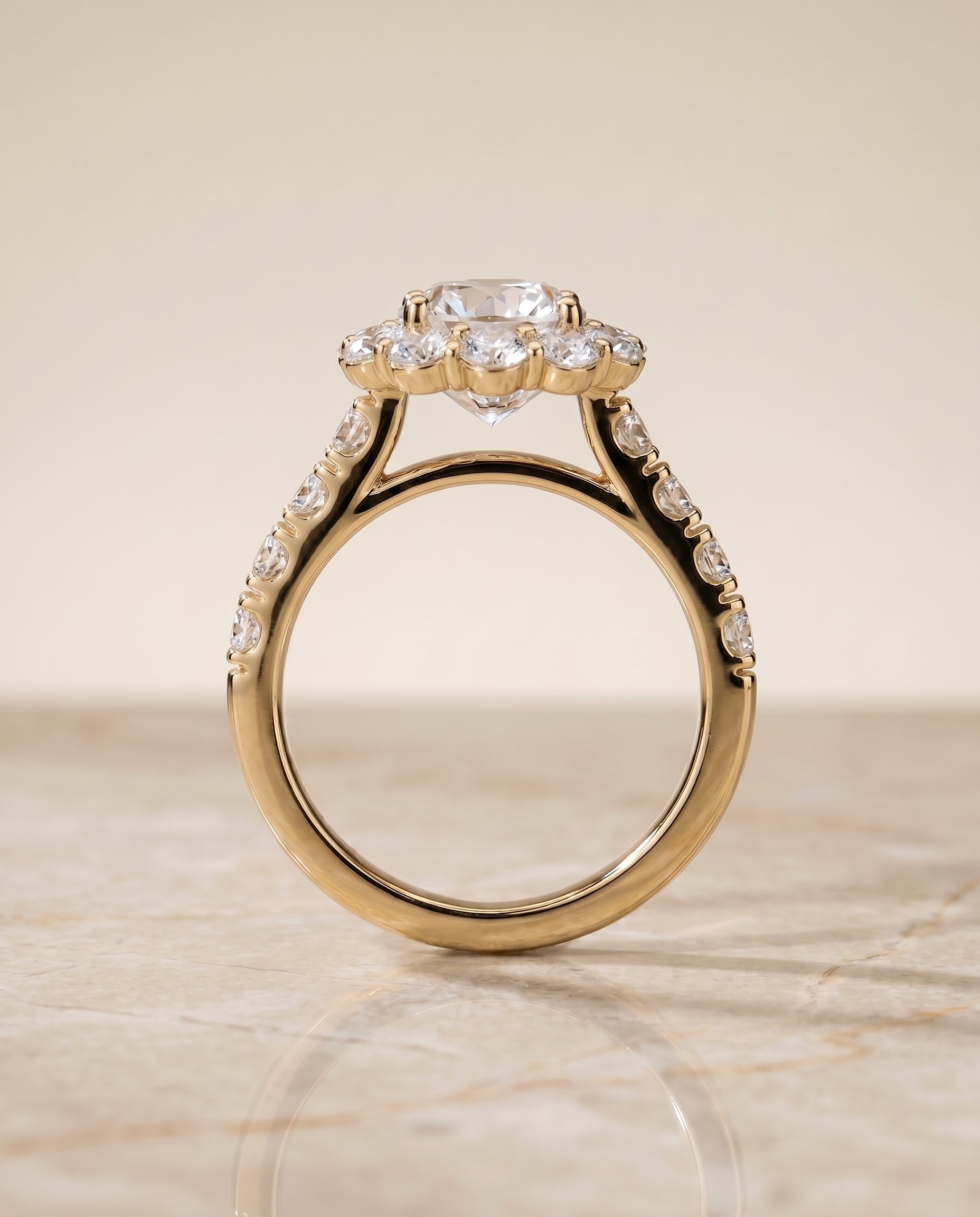 Alannah Select Luxe French Pavé Halo Cushion Cut Lab Diamond Engagement Ring in 18K Yellow Gold, side view | RockHer