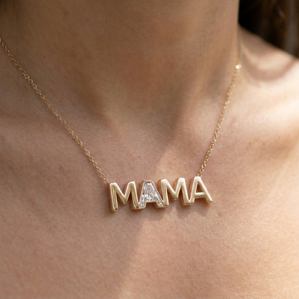 MAMA lab-grown diamond necklace in 14K Rose Gold, worn on neck
