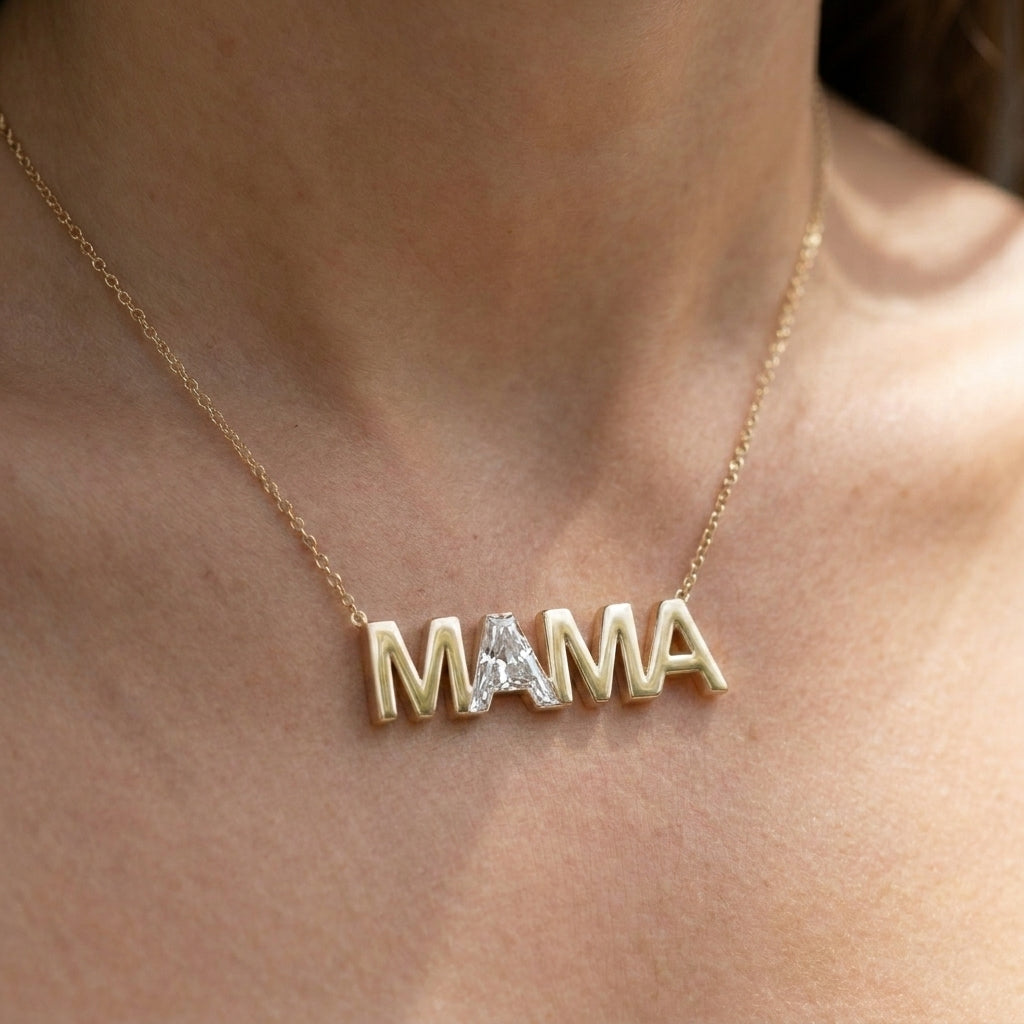 MAMA lab-grown diamond necklace in 14K Yellow Gold, worn on neck