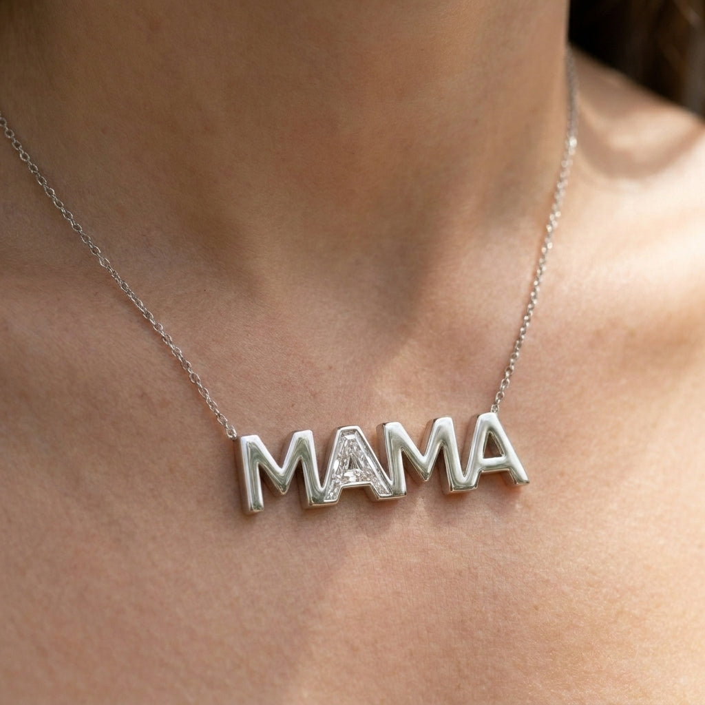 MAMA lab-grown diamond necklace in Platinum, worn on neck