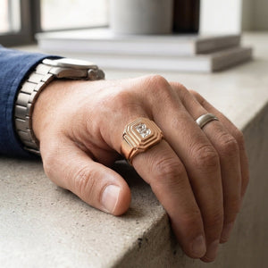 Men's Art Deco lab-grown diamond letter signet ring in 14K Rose Gold, worn on hand