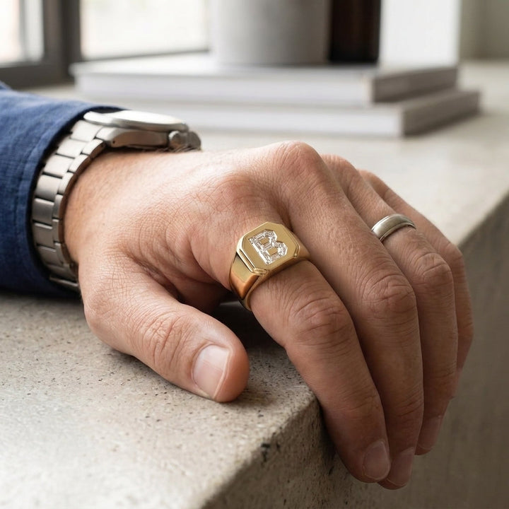 Men's Classic Square lab-grown diamond letter signet ring in 14K Yellow Gold, worn on hand
