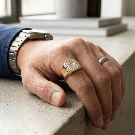 Men's Classic Square lab-grown diamond letter signet ring in 14K Yellow Gold, letter D, worn on hand