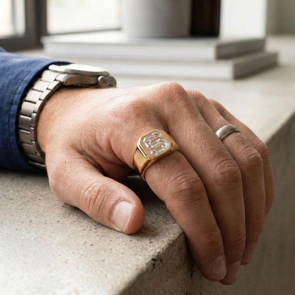 Men's Classic Square lab-grown diamond letter signet ring in 14K Rose Gold, letter S, worn on hand