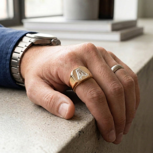 Men's Cushion lab-grown diamond letter signet ring in 14K Rose Gold, letter A, worn on hand