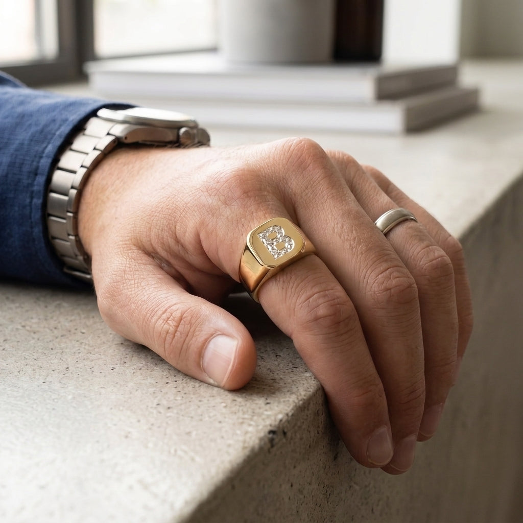 Men's Cushion lab-grown diamond letter signet ring in 14K Yellow Gold, worn on hand
