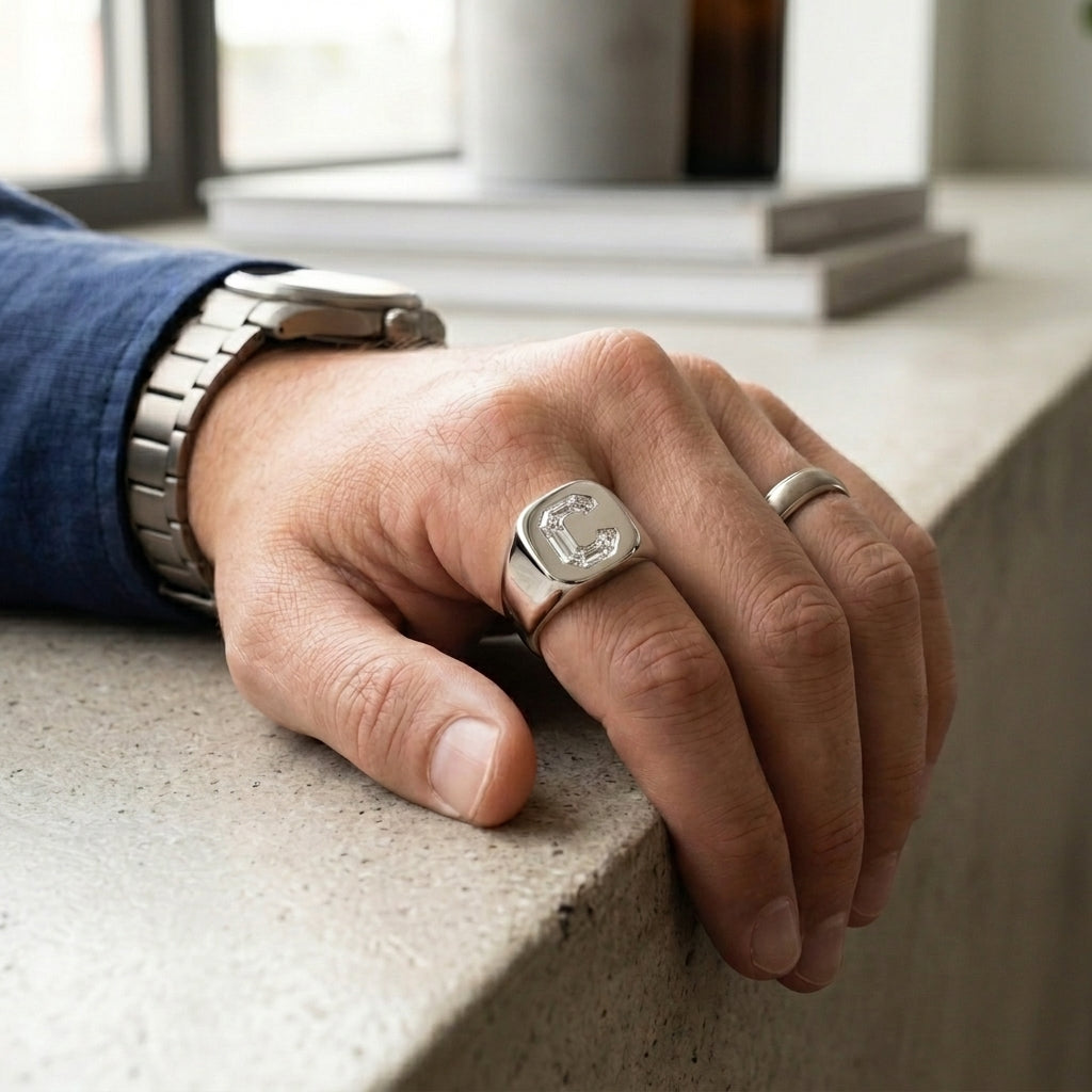 Men's Cushion lab-grown diamond letter signet ring in Platinum, letter C, worn on hand