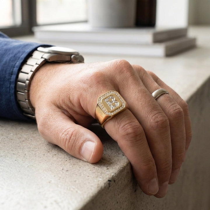 Men's Diamond Frame lab-grown diamond letter signet ring in 14K Yellow Gold, worn on hand