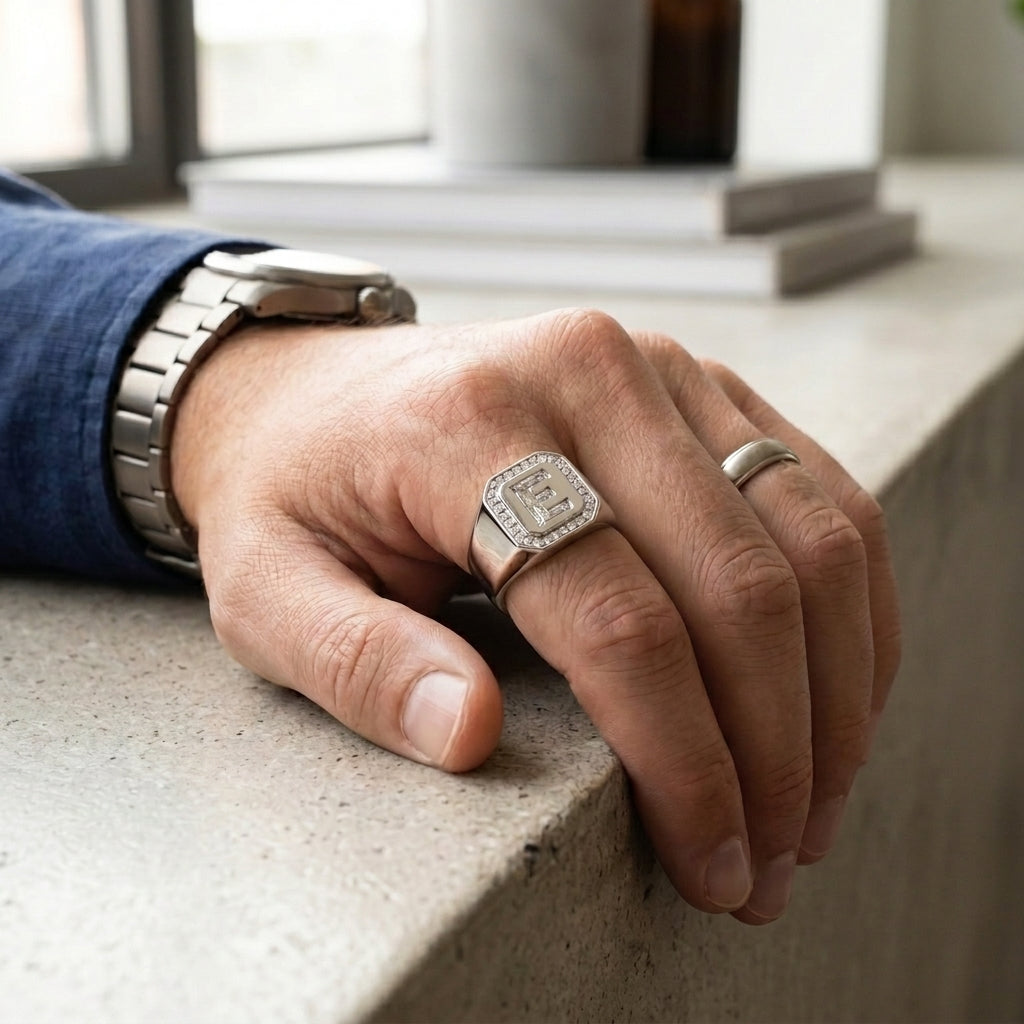 Men's Diamond Frame lab-grown diamond letter signet ring in 14K White Gold, letter E, worn on hand
