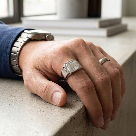 Men's Hexagon lab-grown diamond letter signet ring in Platinum, worn on hand