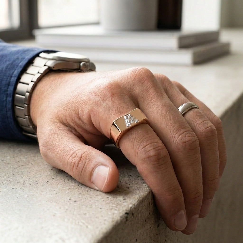 Men's Minimalist Bar lab-grown diamond letter signet ring in 14K Rose Gold, letter A, worn on hand