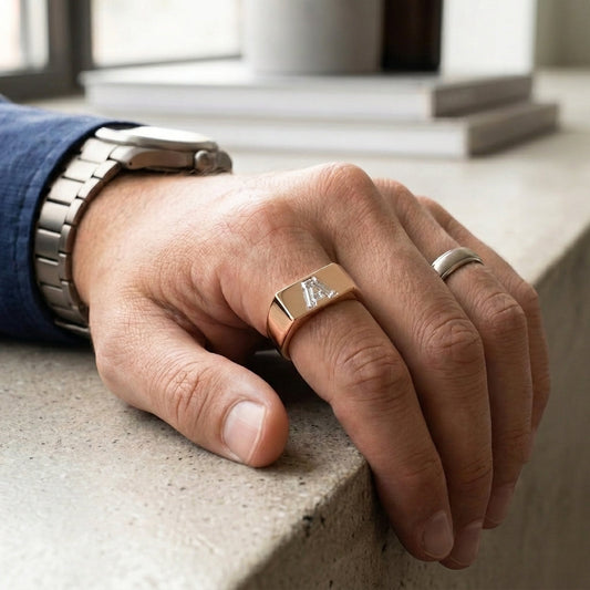 Men's Minimalist Bar lab-grown diamond letter signet ring in 14K Rose Gold, letter A, worn on hand