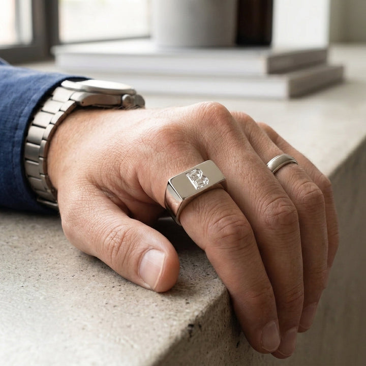 Men's Minimalist Bar lab-grown diamond letter signet ring in 14K White Gold, worn on hand