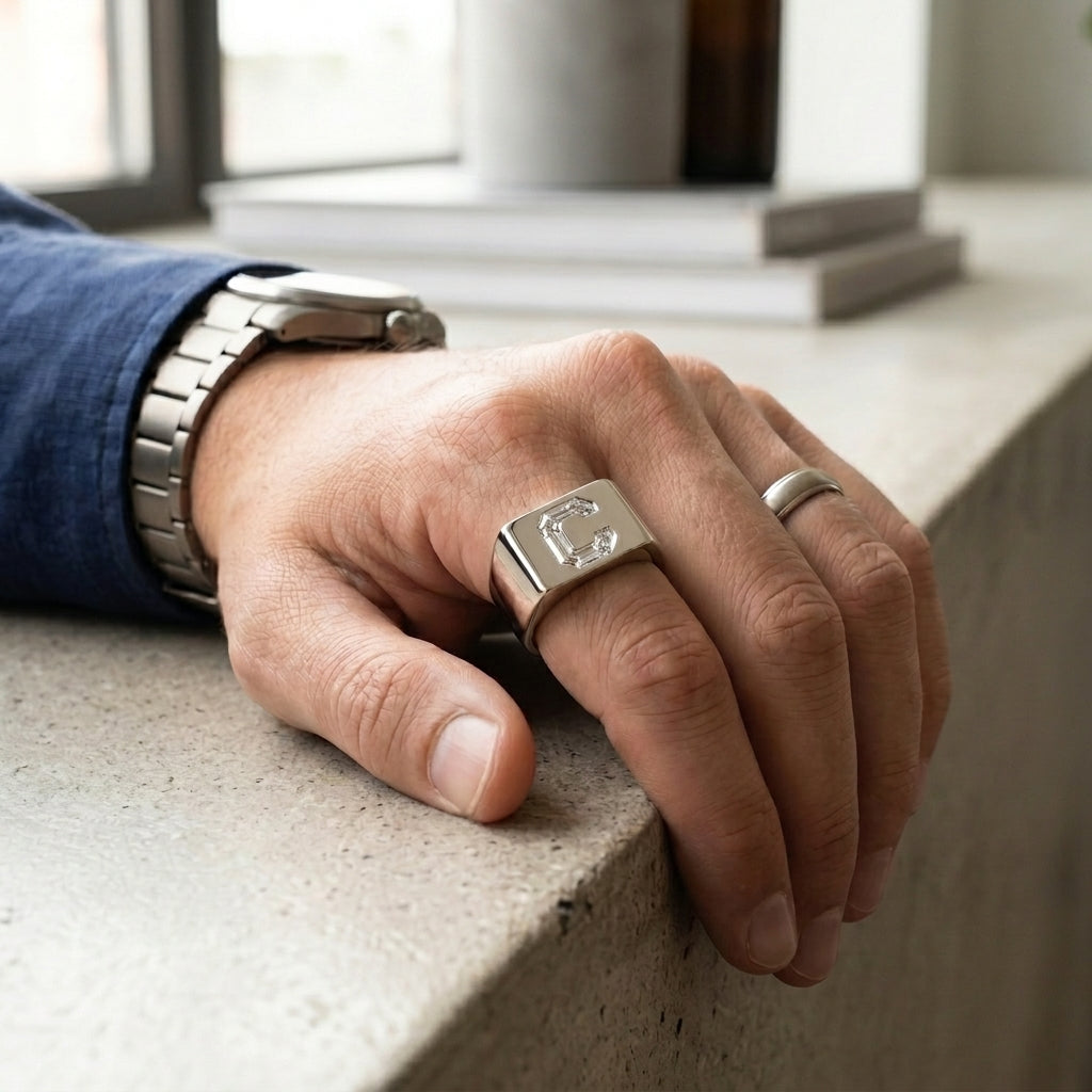 Men's Minimalist Bar lab-grown diamond letter signet ring in Platinum, letter C, worn on hand