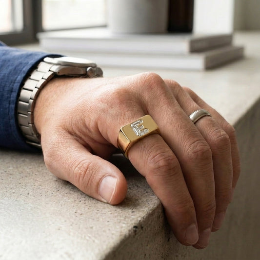 Men's Minimalist Bar lab-grown diamond letter signet ring in 14K Yellow Gold, letter E, worn on hand