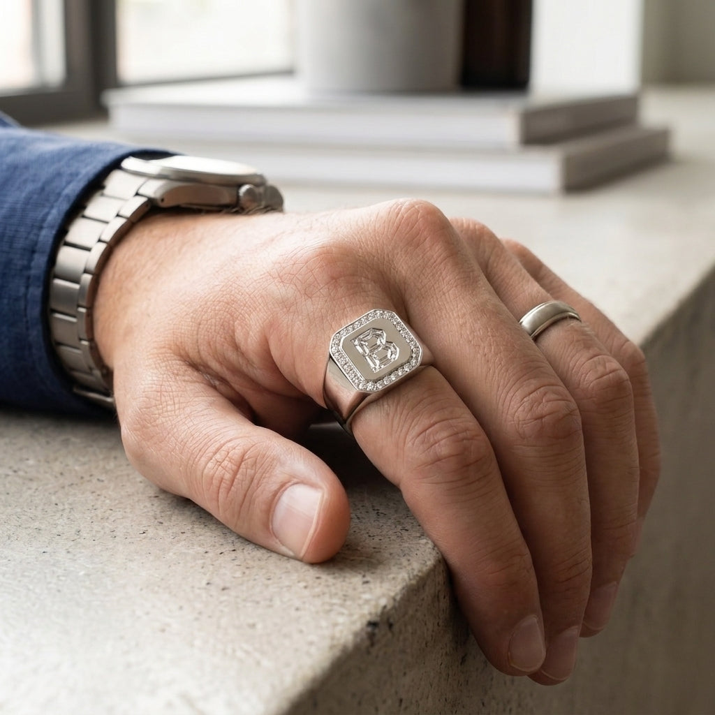 Men's Pave Border lab-grown diamond letter signet ring in Platinum, worn on hand