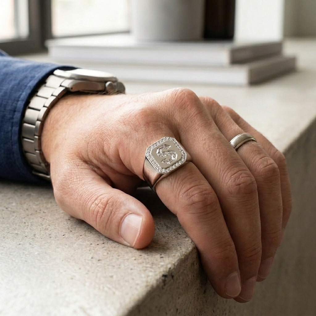 Men's Pavé Border lab-grown diamond letter signet ring in Platinum, letter S, worn on hand