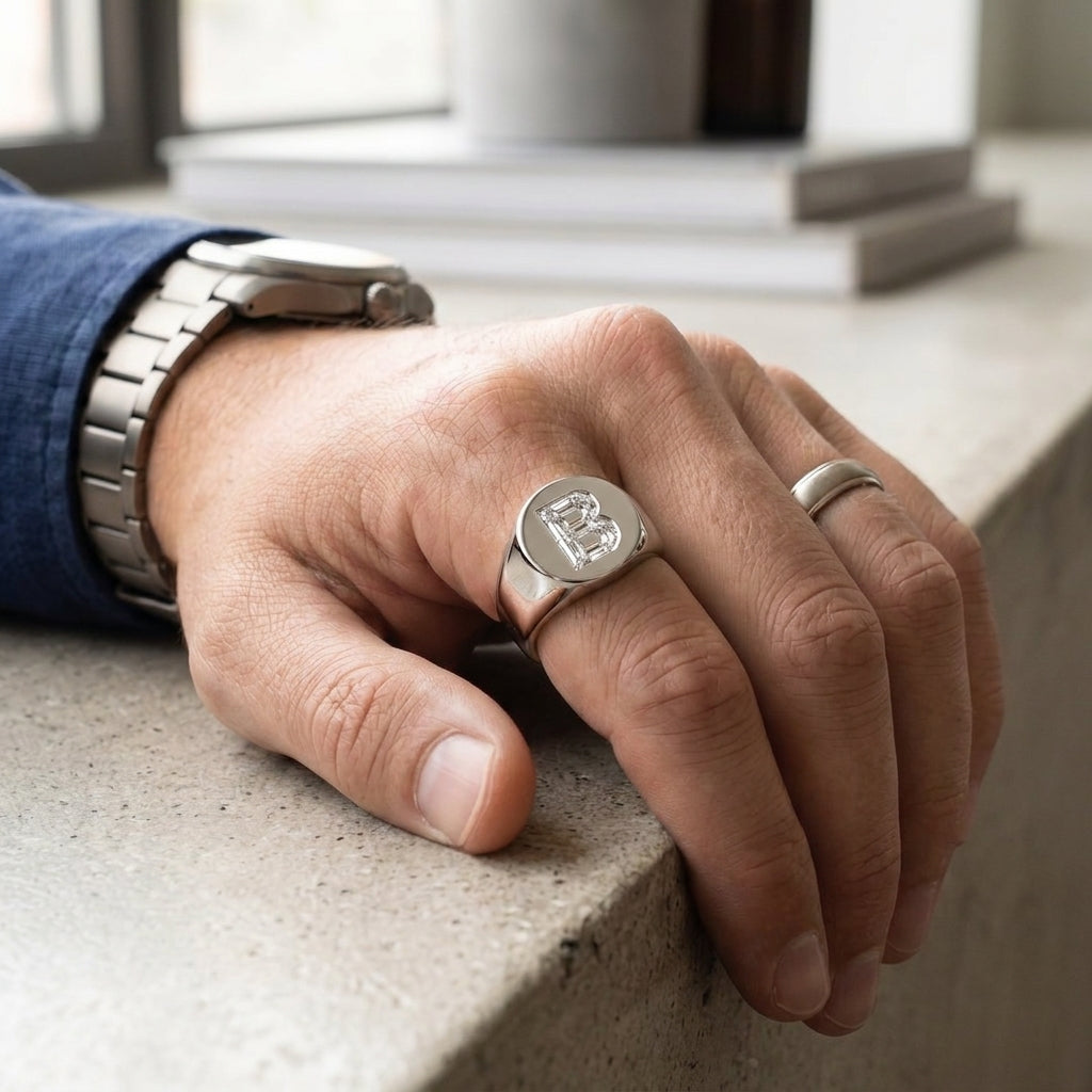 Men's Round lab-grown diamond letter signet ring in Platinum, worn on hand