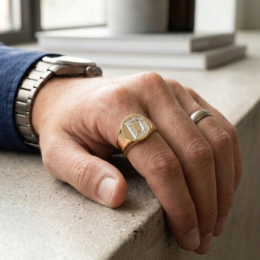 Men's Round lab-grown diamond letter signet ring in 14K Yellow Gold, letter D, worn on hand