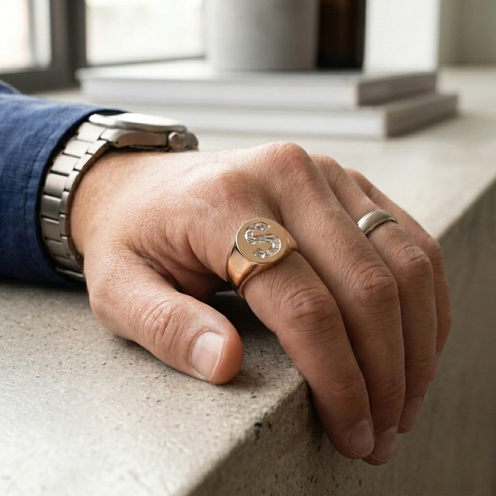 Men's Round lab-grown diamond letter signet ring in 14K Rose Gold, letter S, worn on hand