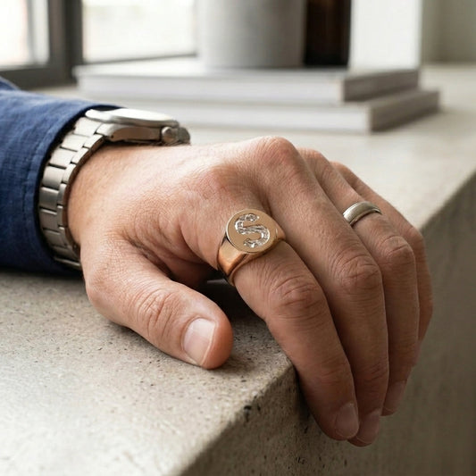 Men's Round lab-grown diamond letter signet ring in 14K Rose Gold, letter S, worn on hand
