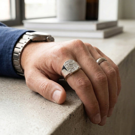 Men's Round lab-grown diamond letter signet ring in 14K White Gold, letter S, worn on hand