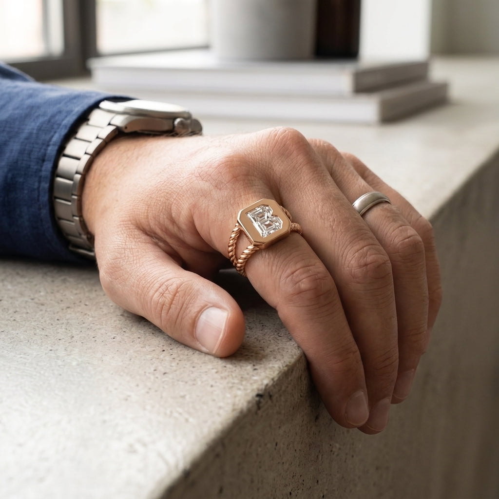 Men's Twisted Band lab-grown diamond letter signet ring in 14K Rose Gold, worn on hand