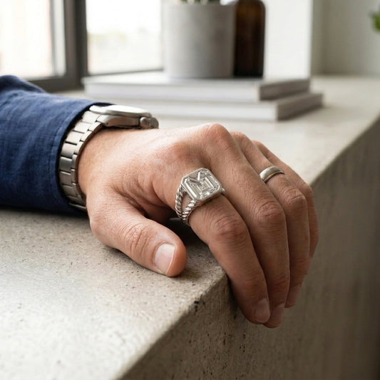 Men's Twisted Band lab-grown diamond letter signet ring in 14K White Gold, letter M, worn on hand