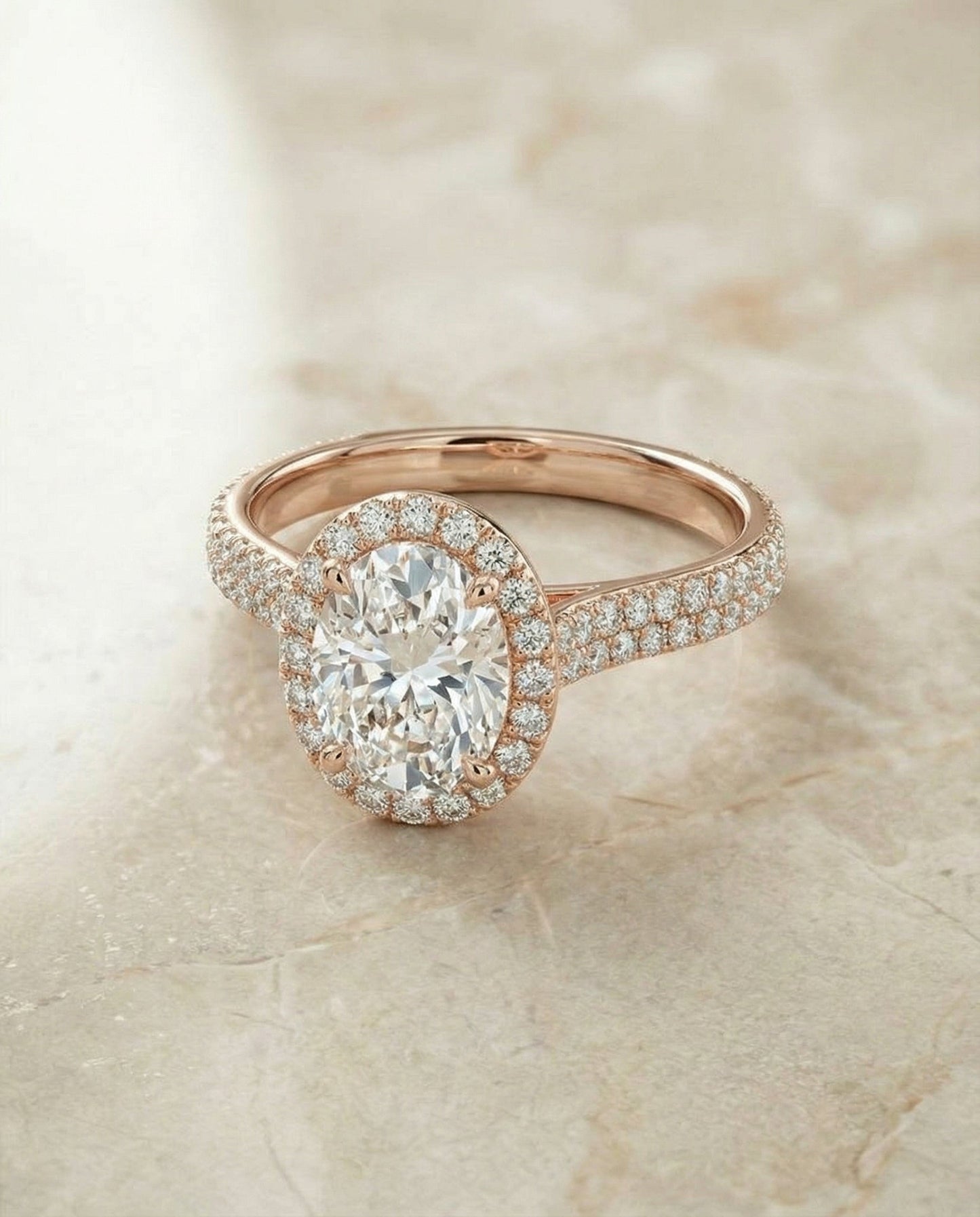 Ella Select micro-pavé triple row halo oval oval ring in 14K Rose Gold — alt angle — RockHer