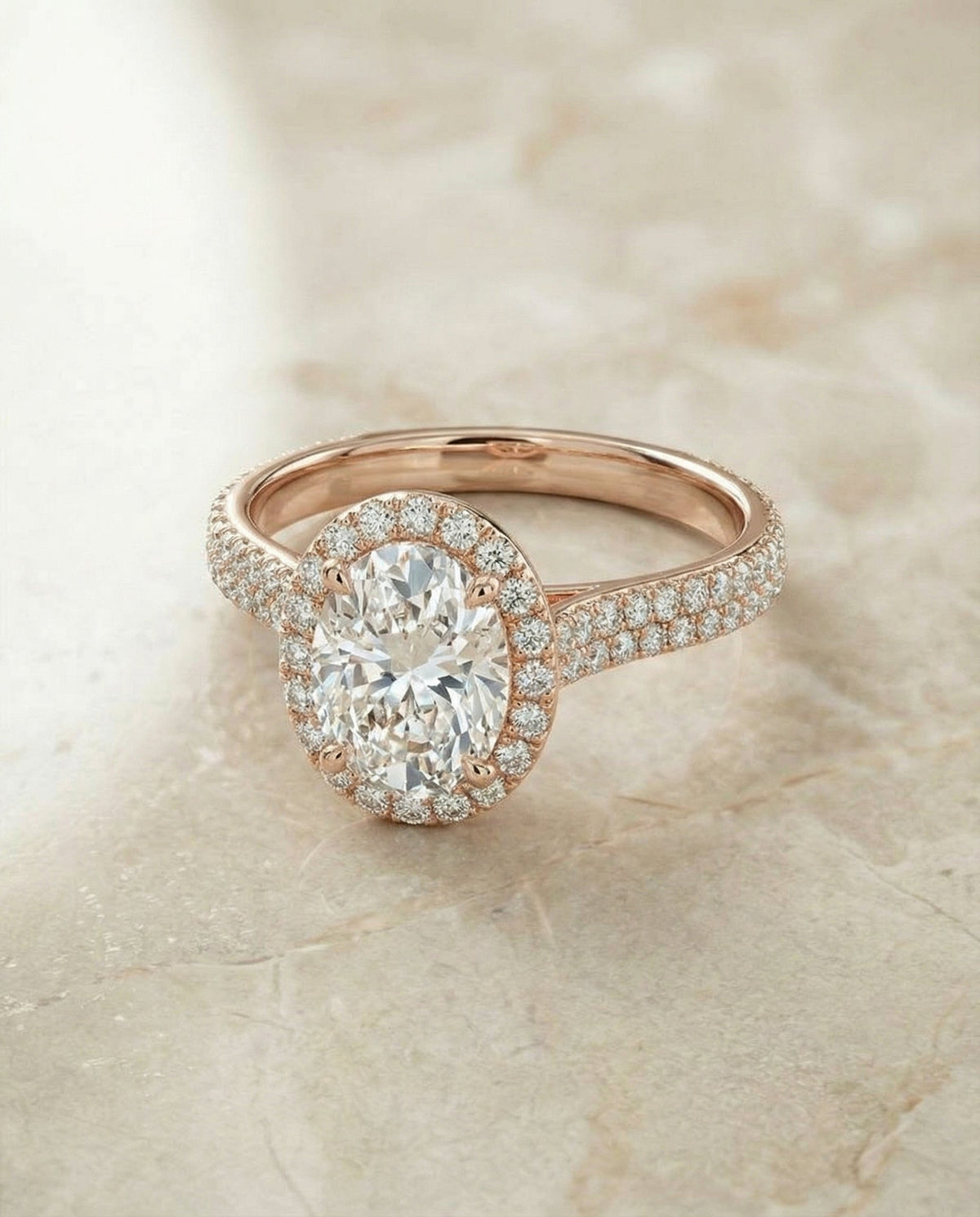 Ella Select Micro Pavé Triple Row Halo Oval Lab Diamond Engagement Ring in 14K Rose Gold, alternate angle | RockHer