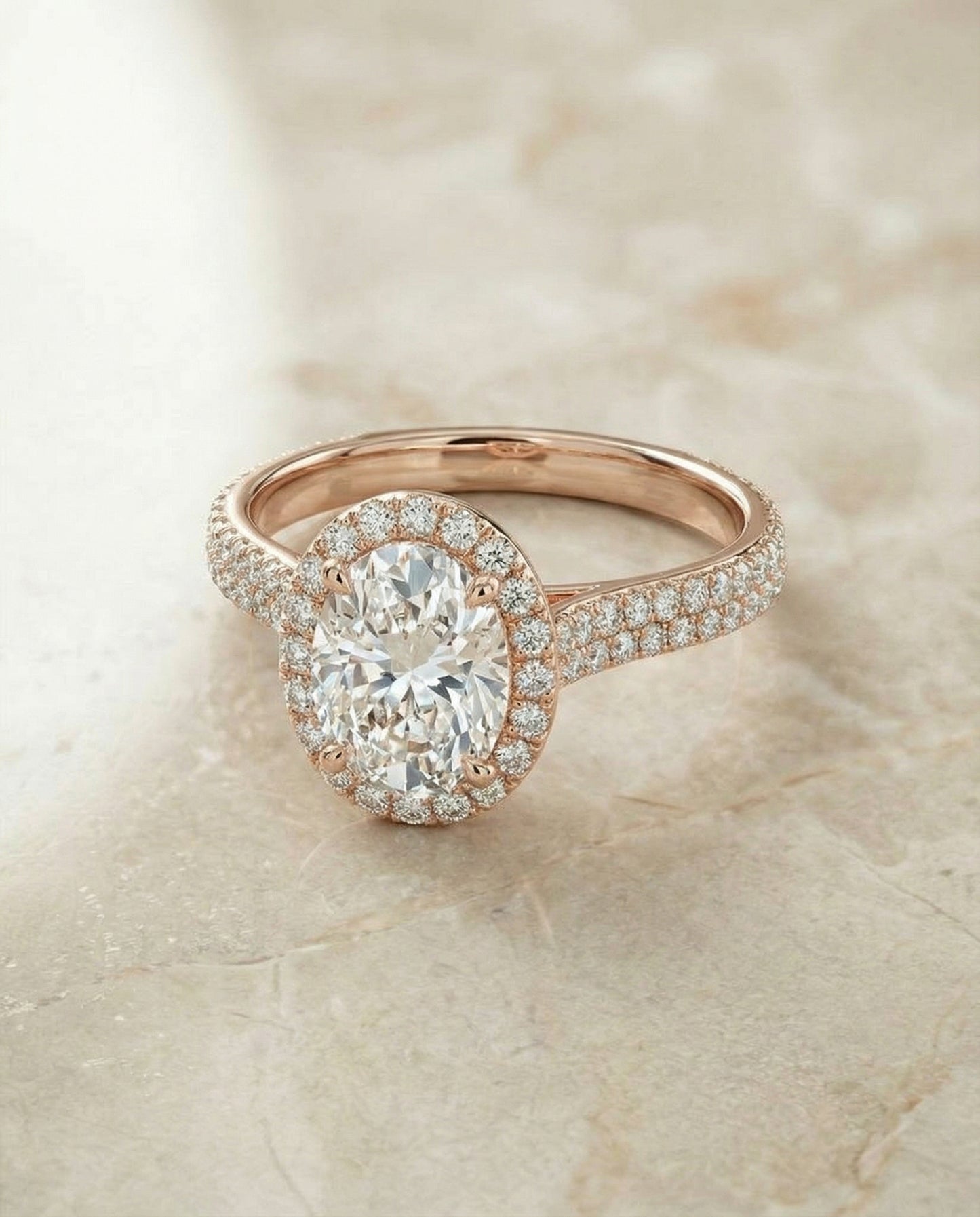 Micro-Pavé Triple Row Halo Oval, in 14K Rose Gold, pave setting – angled view | RockHer