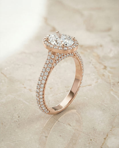 Micro-Pavé Triple Row Halo Oval, in 14K Rose Gold, pave setting – front view | RockHer