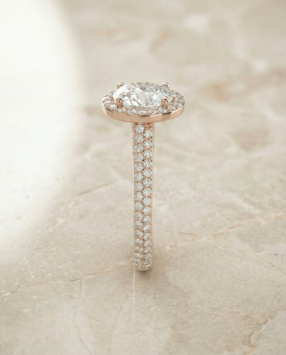 Ella Select micro-pavé triple row halo oval oval ring in 14K Rose Gold — front — RockHer