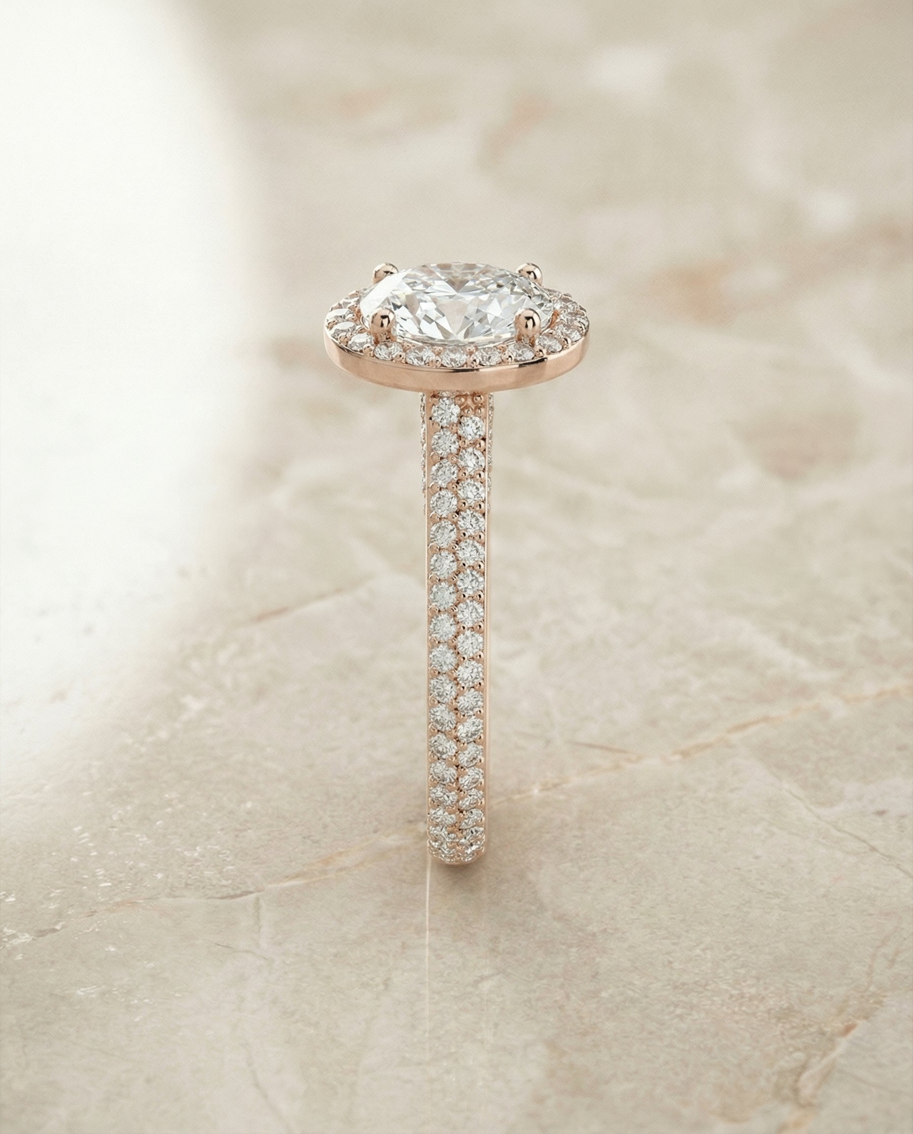 The Ella select micro pavé triple row halo engagement ring setting, shown in 14K Rose Gold | RockHer