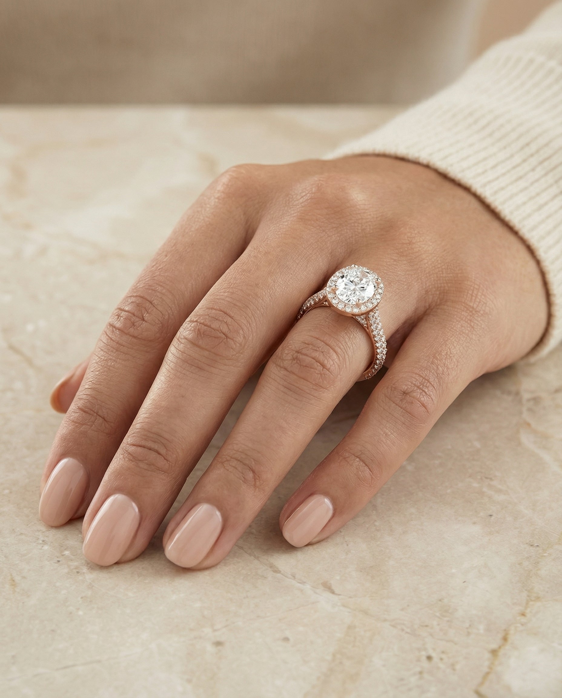 The Ella engagement ring setting in 14K Rose Gold, micro pavé triple row halo design | RockHer