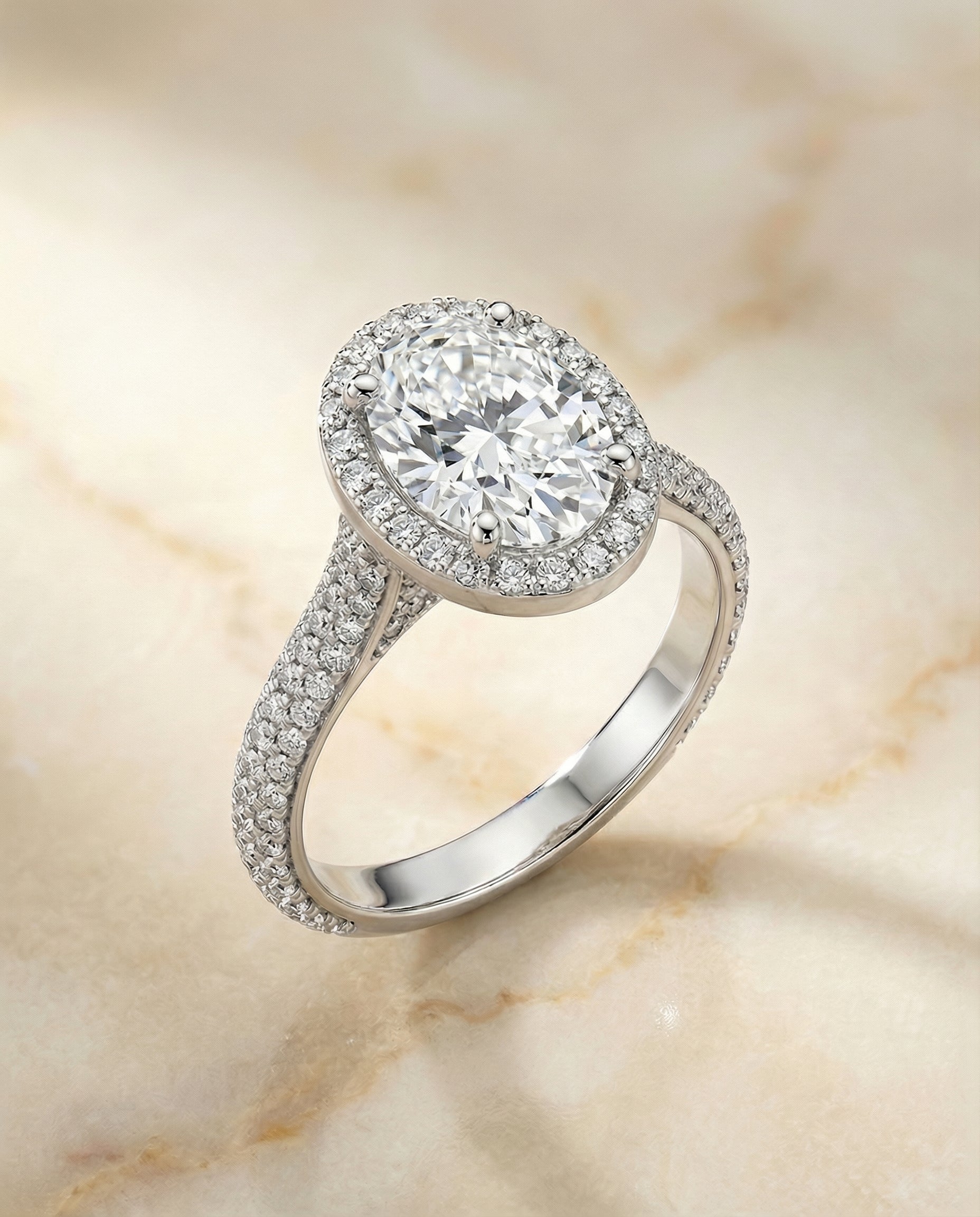 Ella Select Pav Halo Oval Lab Diamond Engagement Ring in 18K White Gold, alternate angle | RockHer