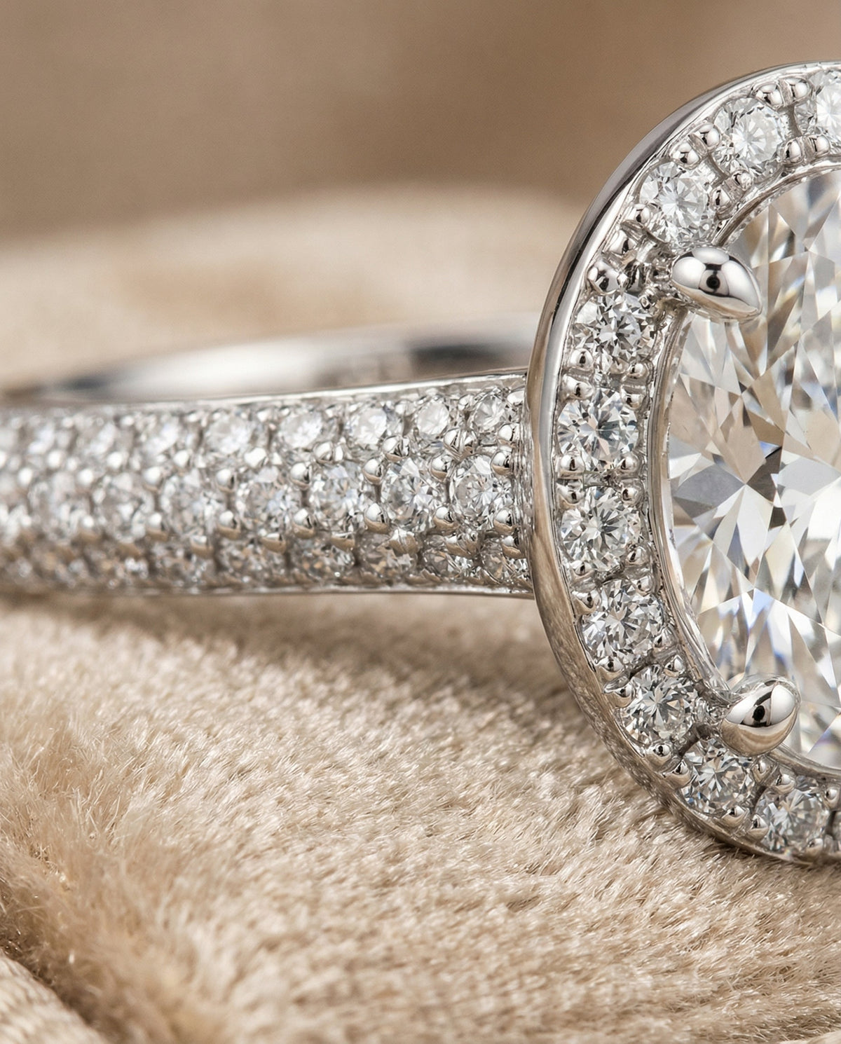 Ella Select Micro Pavé Triple Row Halo Ov Oval Lab Diamond Engagement Ring in 18K White Gold, detail view | RockHer