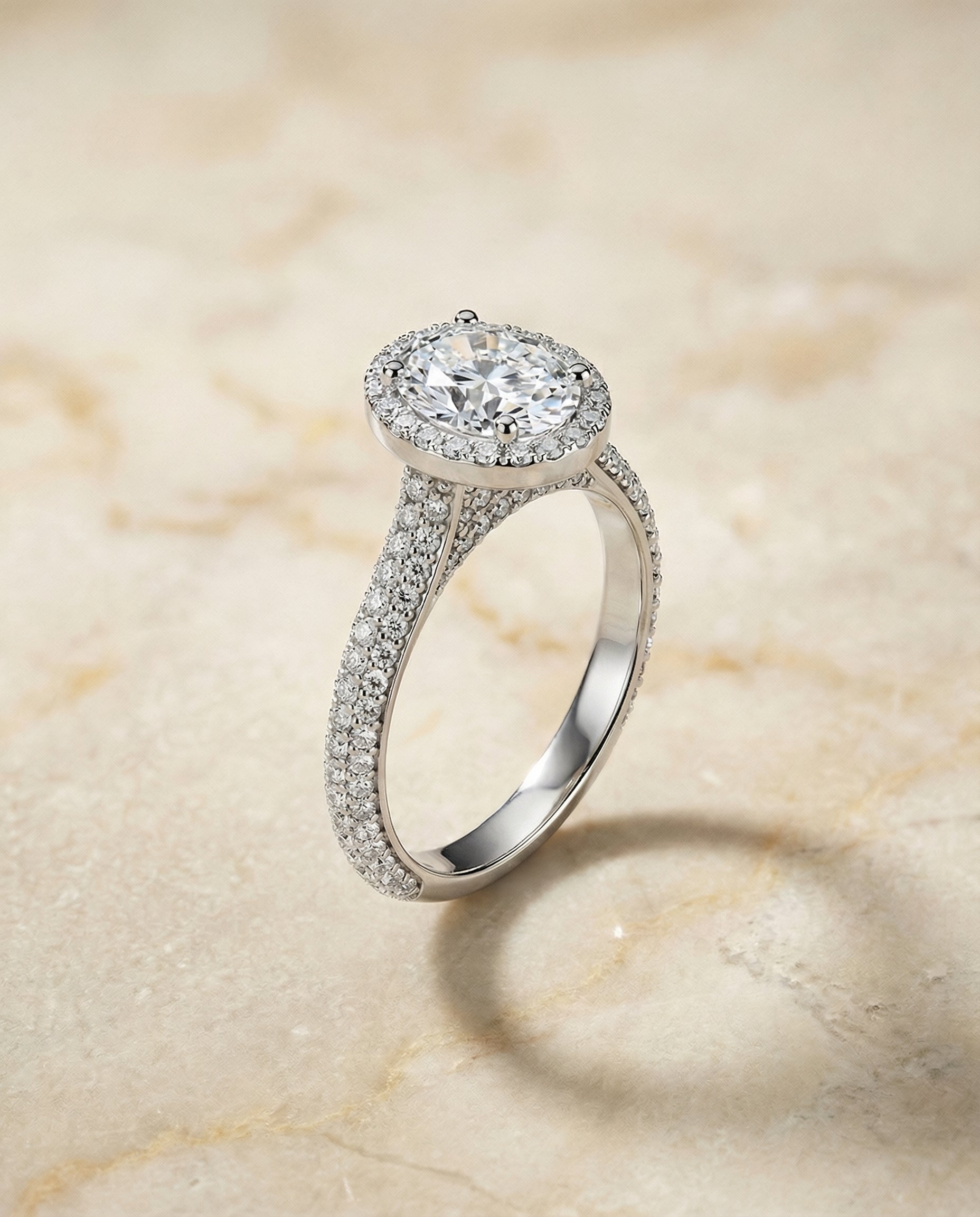 Ella Select Pav Halo Oval Lab Diamond Engagement Ring in 18K White Gold, front view | RockHer