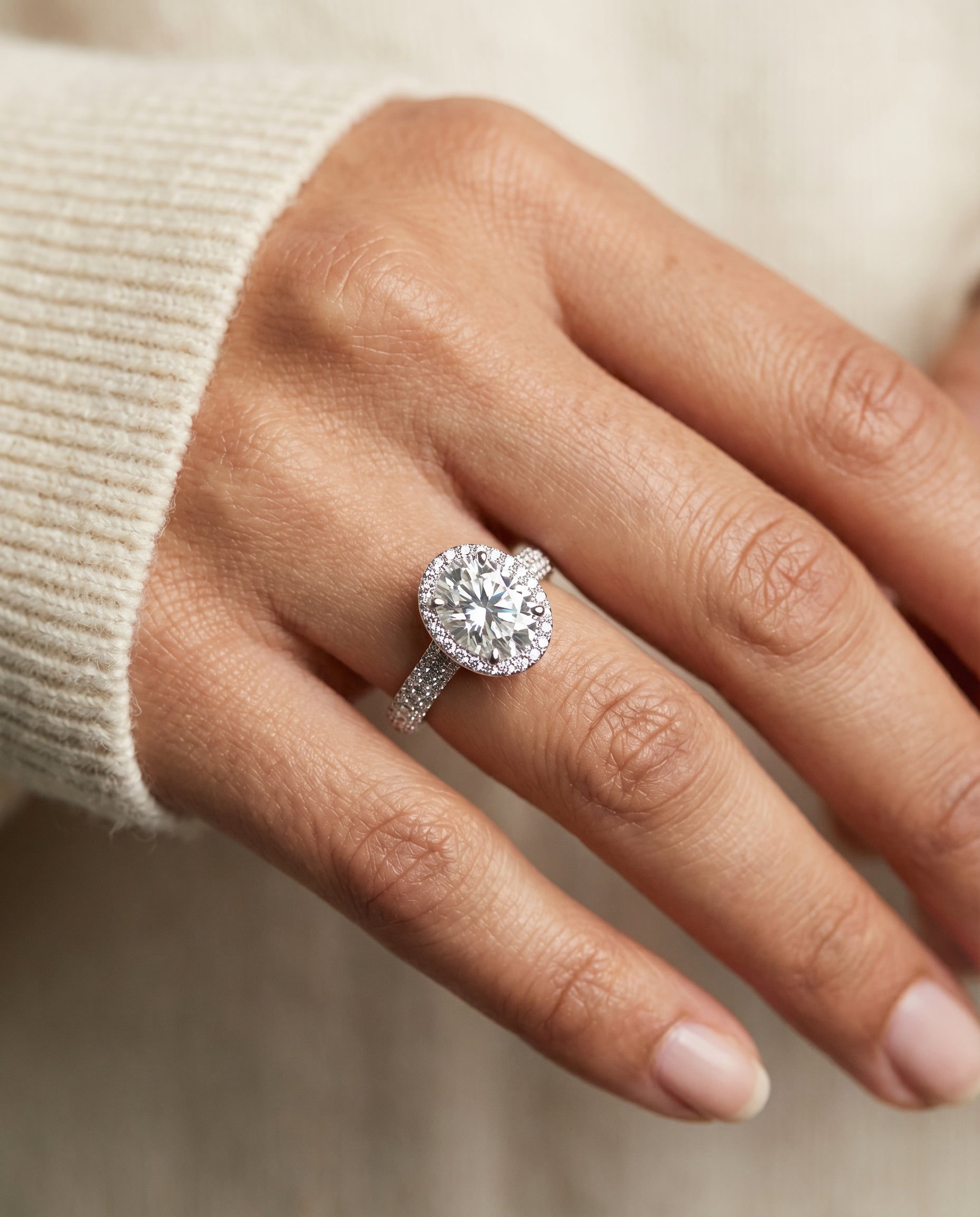 The Ella engagement ring setting in Platinum, micro pavé triple row halo design | RockHer
