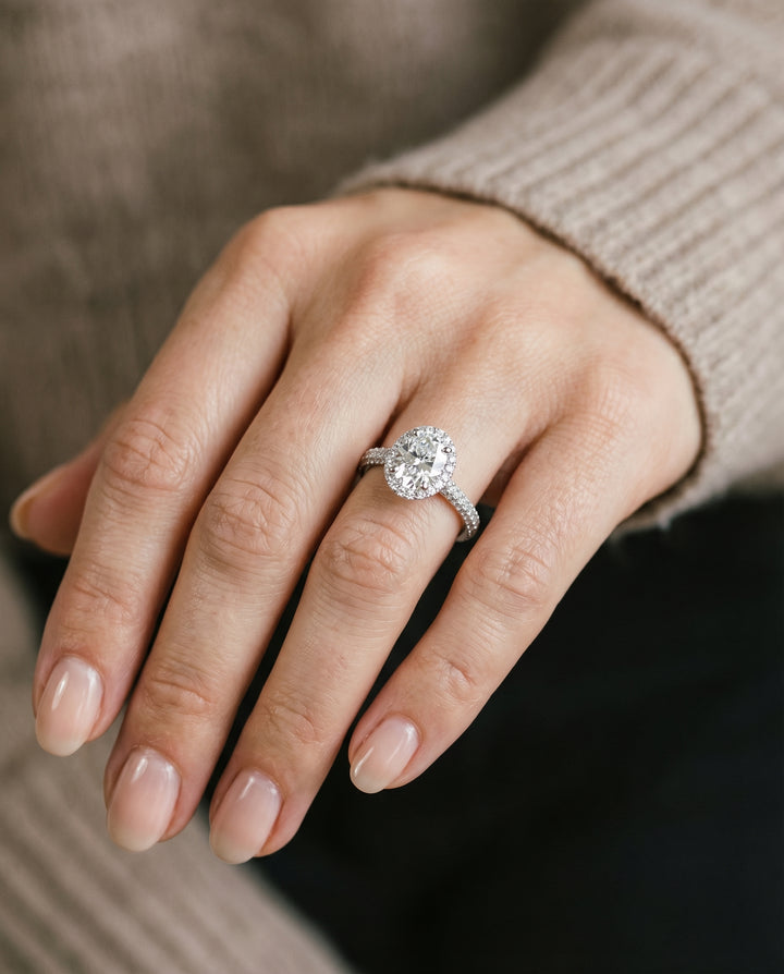 Micro-Pavé Triple Row Halo Oval, in Platinum, pave setting – lifestyle shot | RockHer