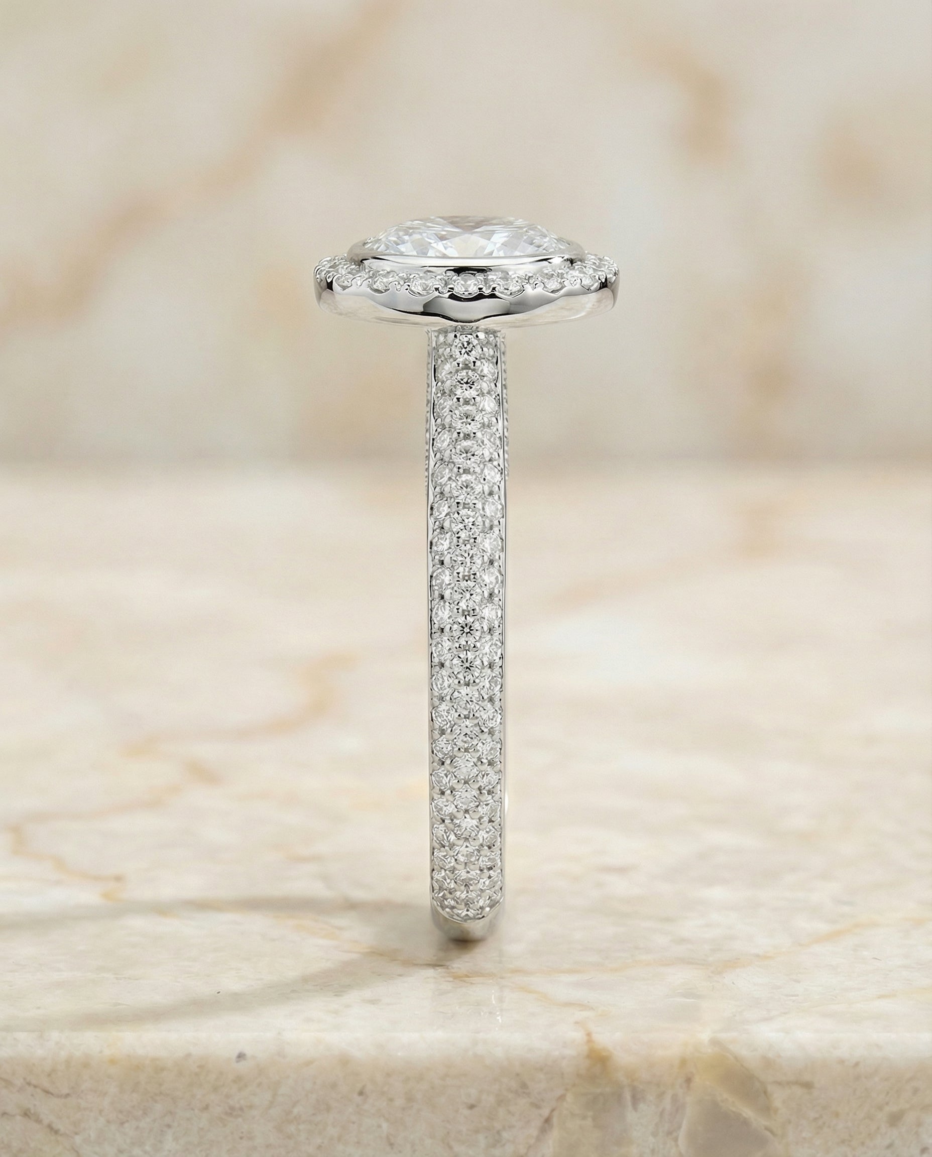 Ella Select Pav Halo Oval Lab Diamond Engagement Ring in 18K White Gold, side view | RockHer