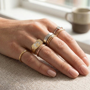 Women's Minimalist Bar lab-grown diamond letter signet ring in 14K Yellow Gold, letter C, worn on hand