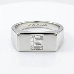 Women's Minimalist Bar lab-grown diamond letter signet ring in 14K White Gold, letter E, product photography