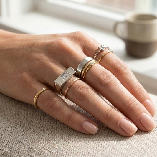 Women's Minimalist Bar lab-grown diamond letter signet ring in 14K White Gold, letter R, worn on hand