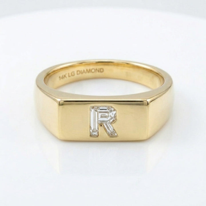 Women's Minimalist Bar lab-grown diamond letter signet ring in 14K Yellow Gold, letter R, product photography