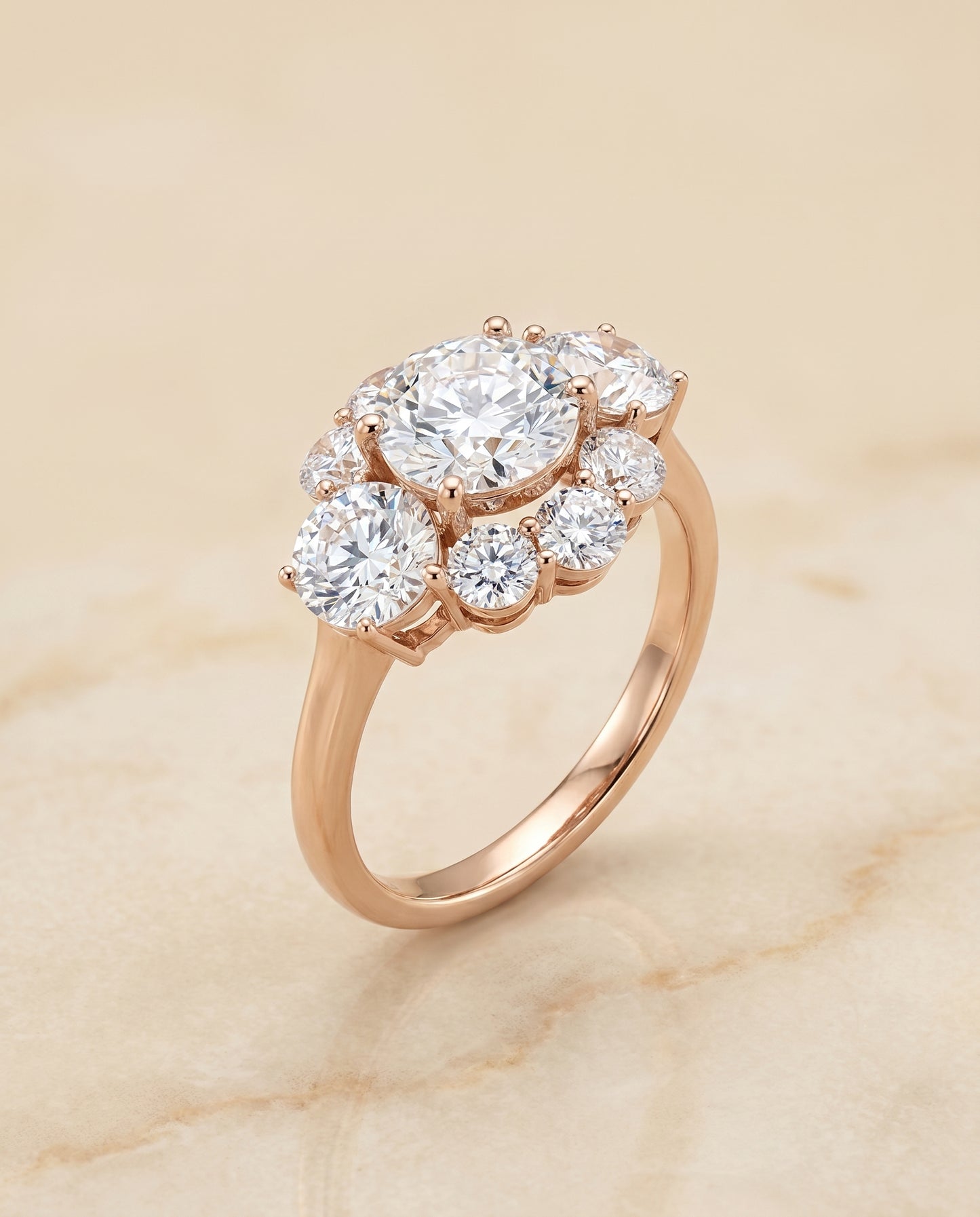 Round Brilliant, Modern Blossom Cluster, in 14K Rose Gold – angled view | RockHer