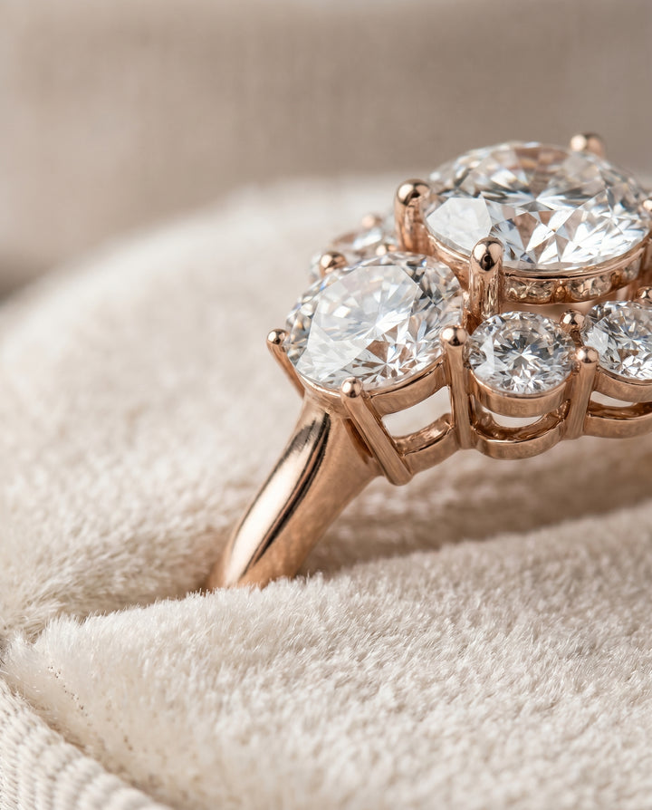 Round Brilliant, Modern Blossom Cluster, in 14K Rose Gold – detail view | RockHer