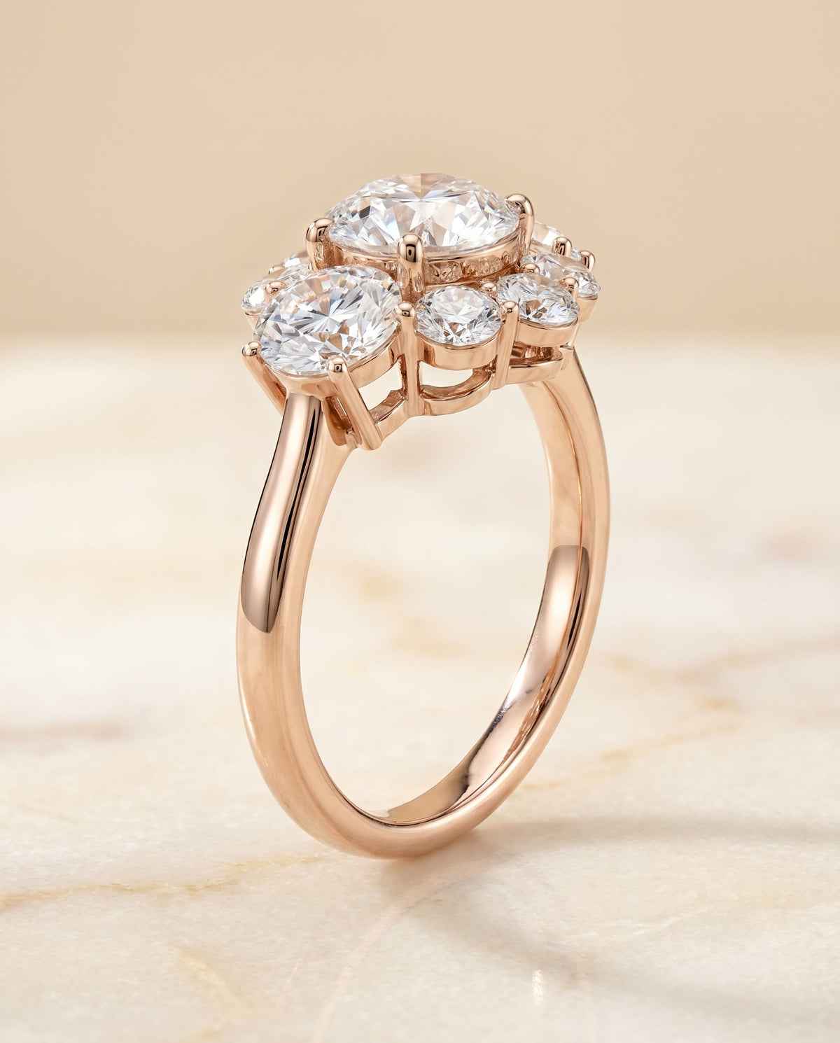 Pamina Select Cluster Halo Round Lab Diamond Engagement Ring in 14K Rose Gold, front view | RockHer