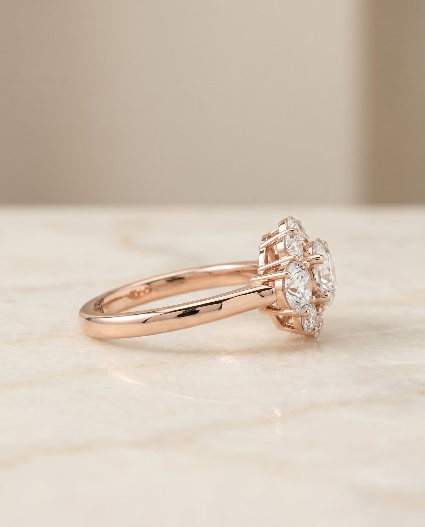 Round Brilliant, Modern Blossom Cluster, in 14K Rose Gold – side profile | RockHer