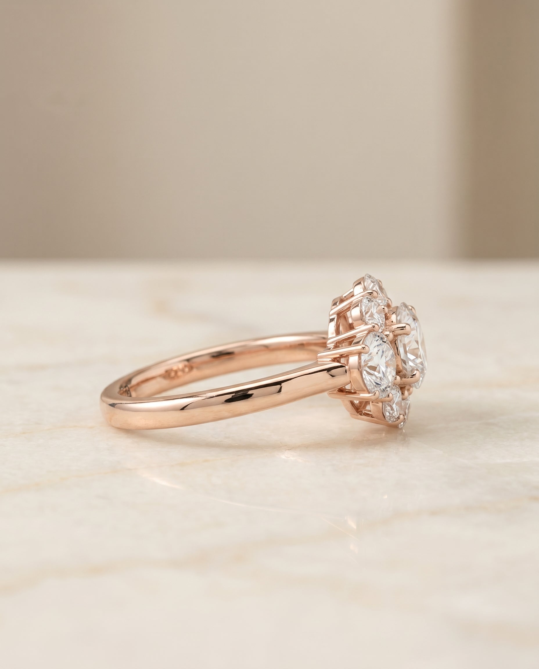 Pamina Select Cluster Halo Round Lab Diamond Engagement Ring in 14K Rose Gold, side view | RockHer